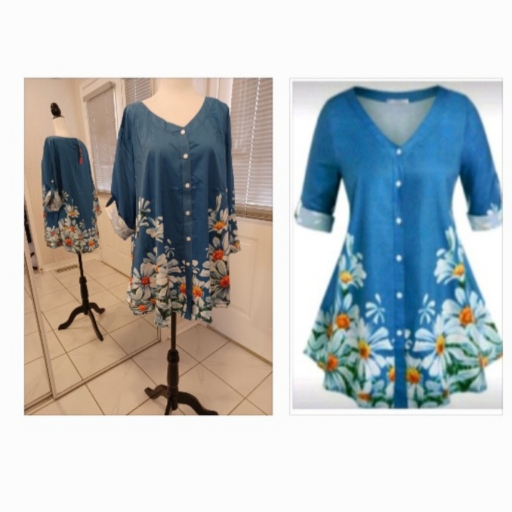 Rosegal Blue Floral Button-Front V-Neck Blouse